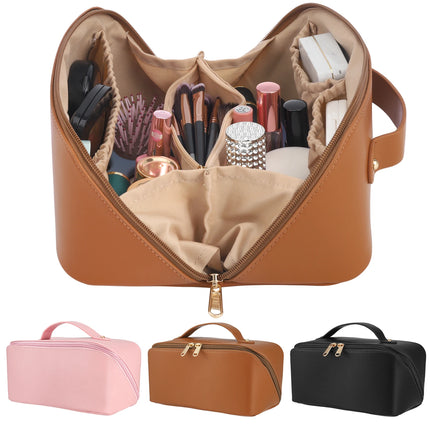 Large Travel Makeup Bag – Waterproof PU Leather with Divider & Handle - Glossorea