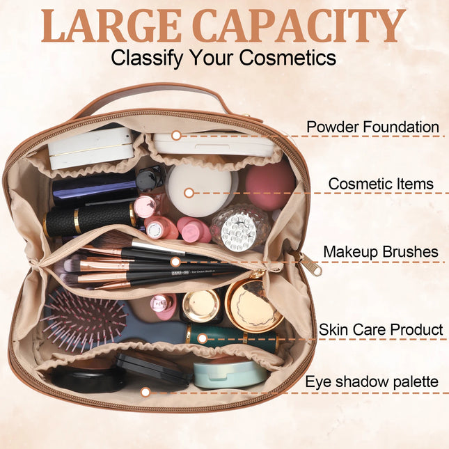 Large Travel Makeup Bag – Waterproof PU Leather with Divider & Handle - Glossorea