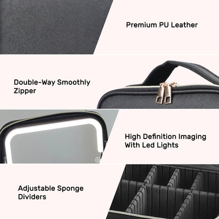 Travel Makeup Bag with LED Mirror & Adjustable Dividers - Glossorea