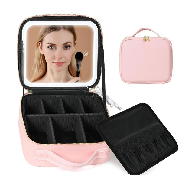 Travel Makeup Bag with LED Mirror & Adjustable Dividers - Glossorea