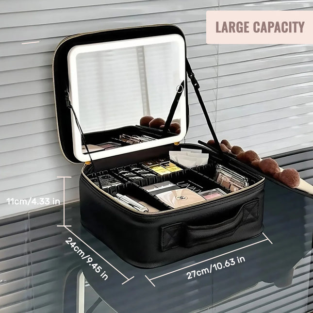 Travel Makeup Bag with LED Mirror & Adjustable Dividers - Glossorea