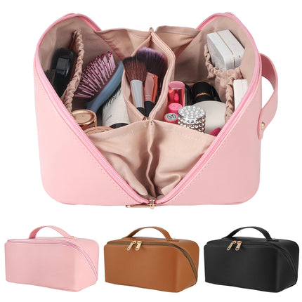 Large Travel Makeup Bag – Waterproof PU Leather with Divider & Handle - Glossorea